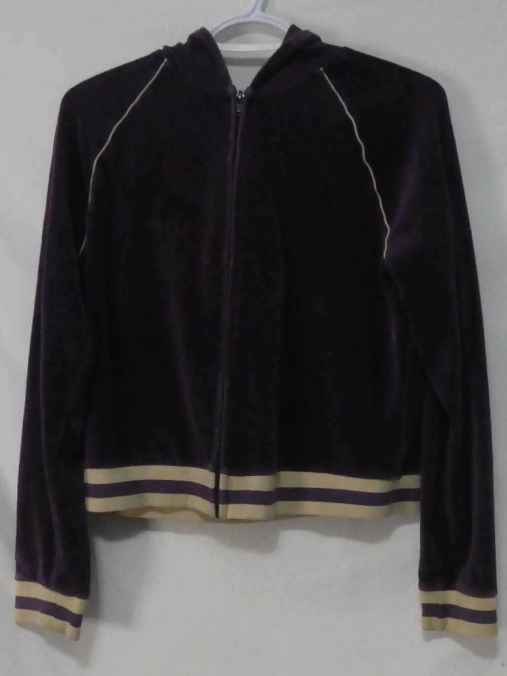 Vintage Y2K OLD NAVY Velour Full Zip Hoodie Striped Trim Purple Grey - Large